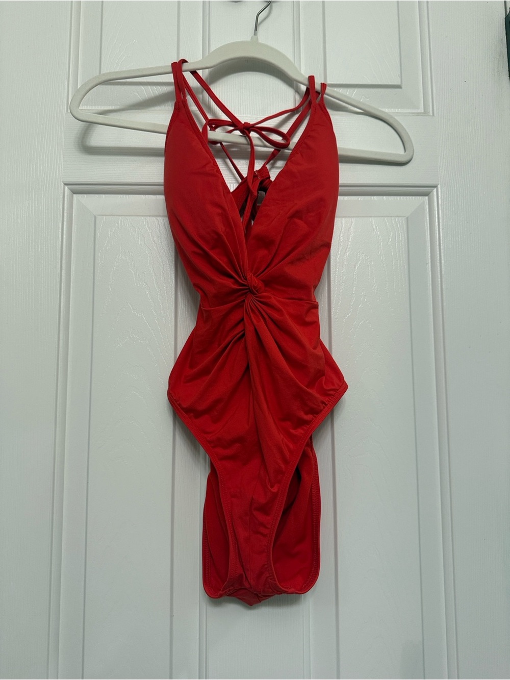 Red Twisted Deep Plunge One-Piece Swimsuit
